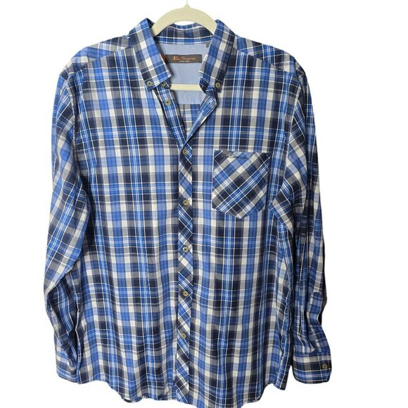 Men's Ben Sherman Blue Plaid Button Down Shirt Large - Picture 1 of 11